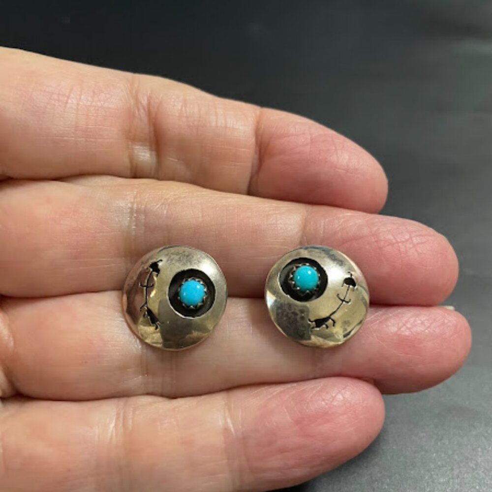 Vintage Native American Sterling Silver Turquoise Shadow Box Earrings - Picture 6 of 7